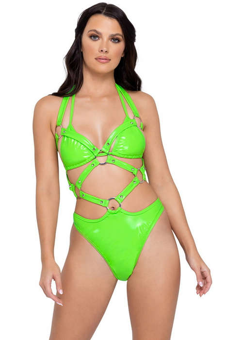 Good Vibes Green Vinyl Criss-Cross Romper