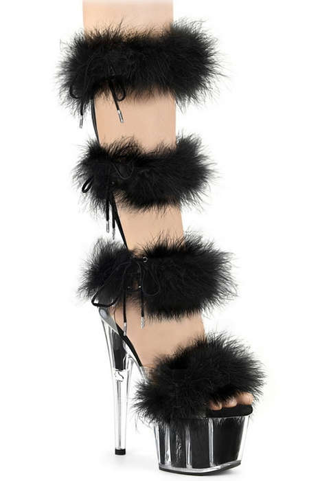 Black 7" Heel Fur Band Mid Calf Sandal