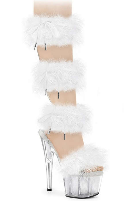White 7" Heel Fur Band Mid Calf Sandal