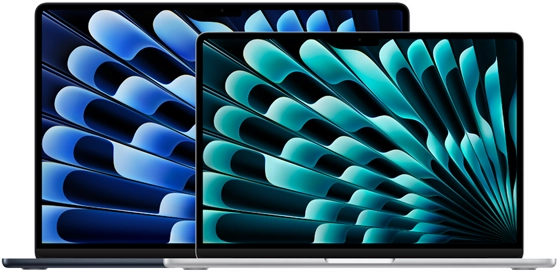 Front view of 13-inch and 15-inch models of MacBook Air demonstrating display sizes (measured diagonally)