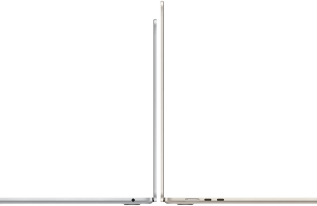 Side view of 13-inch and 15-inch models of MacBook Air in Silver and Starlight, open and back-to-back