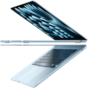 Two open MacBook Air laptops in Sky Blue colour forming arrow shape, emphasising narrow profile