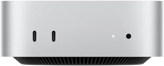 Front view of silver Mac mini showing front ports