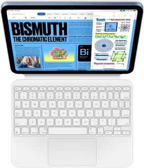 iPad attached to Magic Keyboard Folio, screen is showing Slide Over with Pages and Notes app