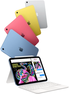 iPad in blue, pink, yellow, and silver colors and iPad attached to the Magic Keyboard Folio with Apple Pencil