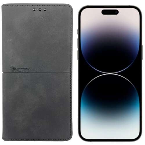 Nesty Stylish Suede 3 Slot Card Holder Flip Case For iPhone 14 Pro Max - Black