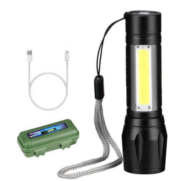 Mini Alloy USB Rechargeable Torch Flashlight with Zoom &amp; Side Light - 2 set