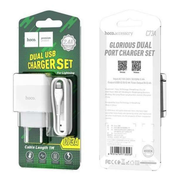 Hoco C73A Dual USB-A Port EU Adapter &amp; Lightning Cable - 1m