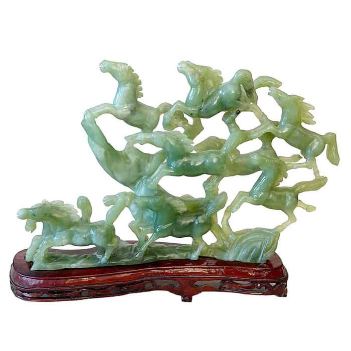 Natural Green Jade 12 Horse Statue On Stand
