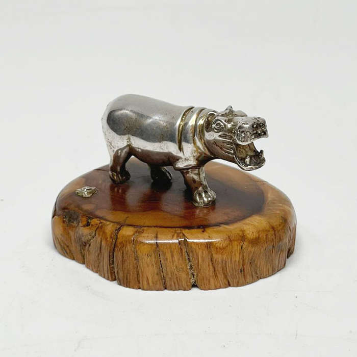 Allen Hallett Silver Hippopotamus On Camphor Wood