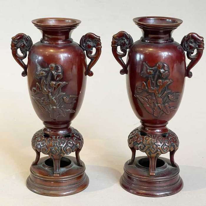 Pair Japanese  Bronze Vases Birds and Foliage in Relief C1890
