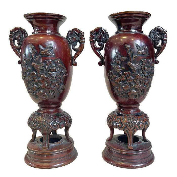 Pair Japanese  Bronze Vases Birds and Foliage in Relief C1890