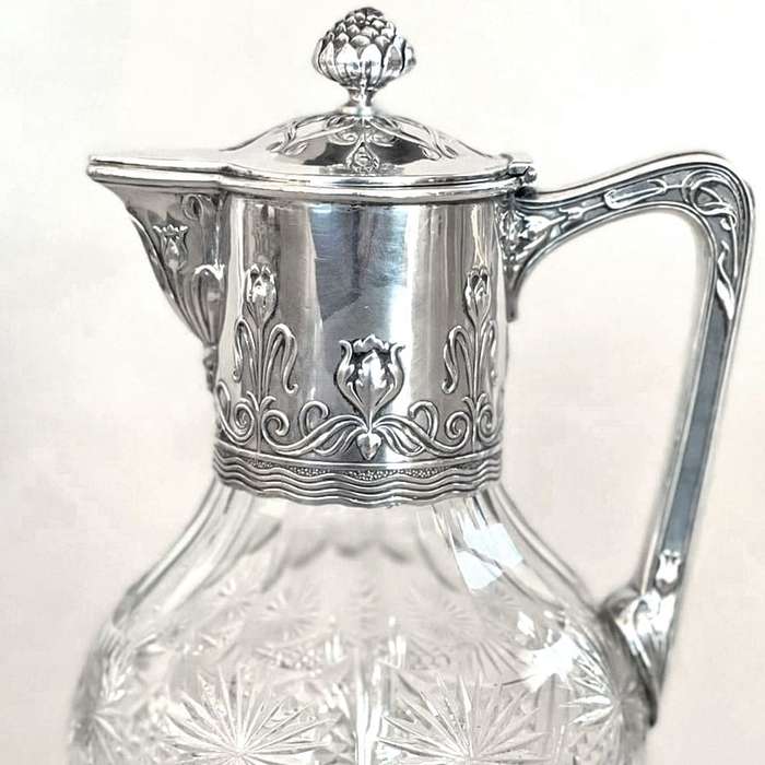 Art Nouveau Crystal and Silver Claret Jug Post 1894