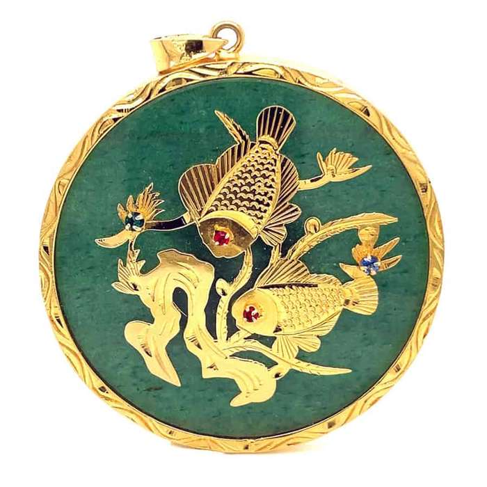14K  Gold and Spinach Jade Fish Pendant