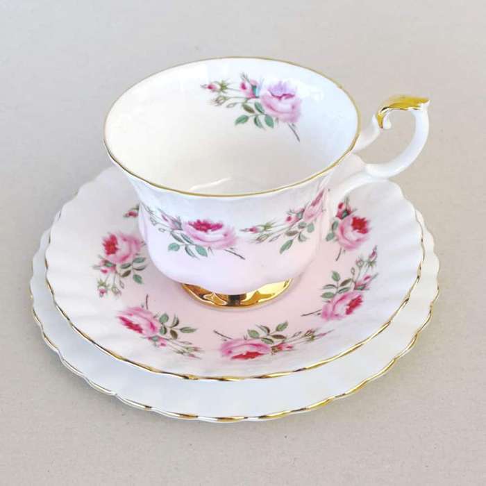 Royal Albert Tea Trio Moss Rose With Pink and White Bands