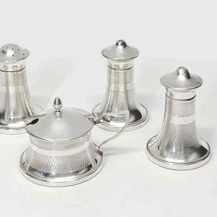 Art Deco Five Piece Hallmarked Silver Condiment Set Birmingham 1934