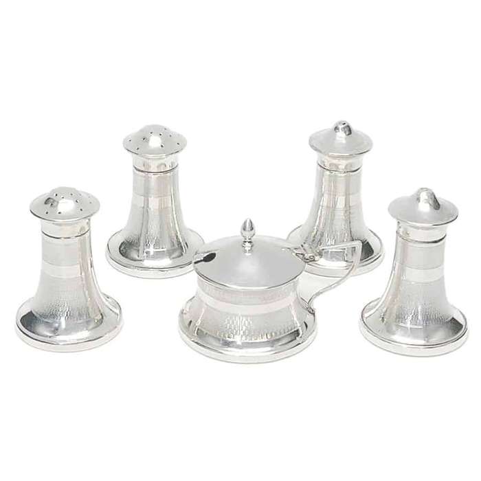 Art Deco Five Piece Hallmarked Silver Condiment Set Birmingham 1934