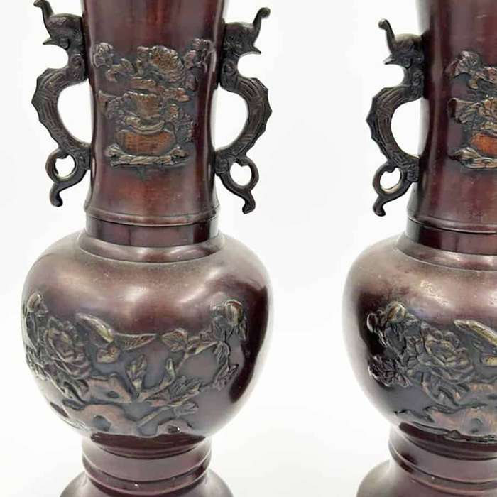 Pair Japanese  Bronze Vases Birds and Foliage in Relief Meiji