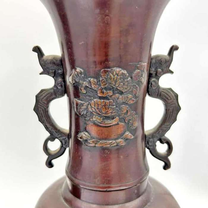 Pair Japanese  Bronze Vases Birds and Foliage in Relief Meiji