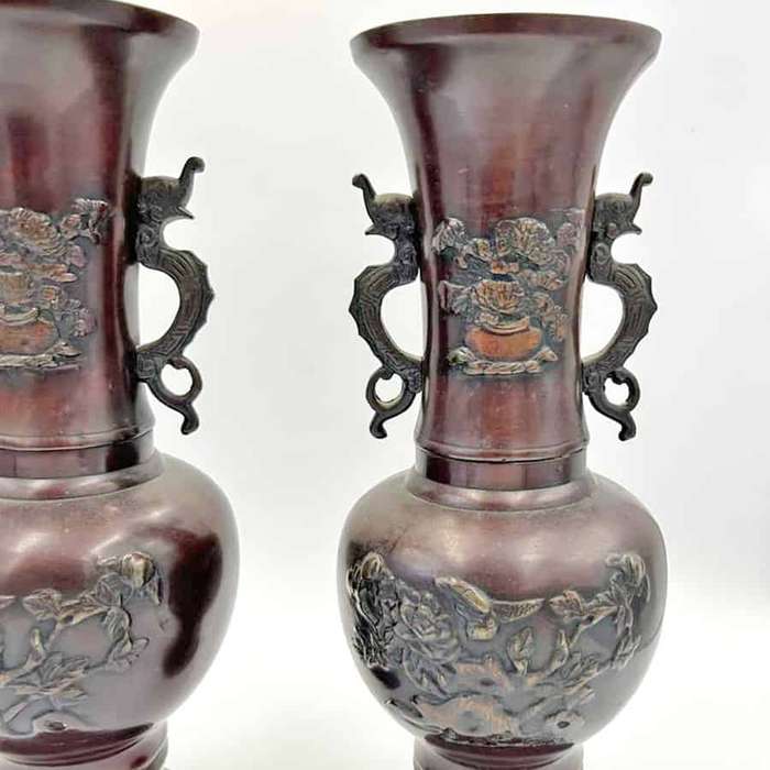 Pair Japanese  Bronze Vases Birds and Foliage in Relief Meiji