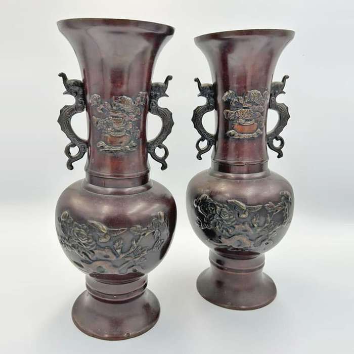 Pair Japanese  Bronze Vases Birds and Foliage in Relief Meiji