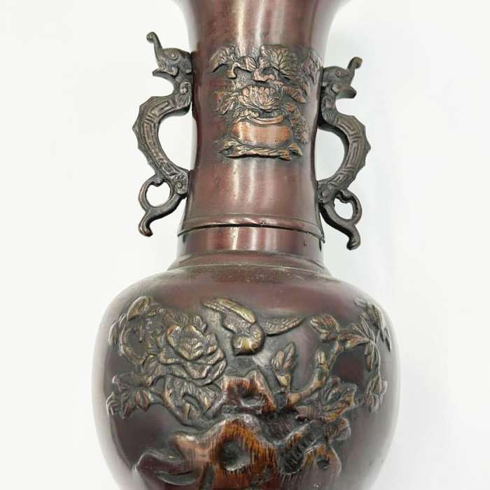 Pair Japanese  Bronze Vases Birds and Foliage in Relief Meiji