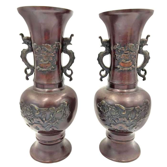 Pair Japanese  Bronze Vases Birds and Foliage in Relief Meiji