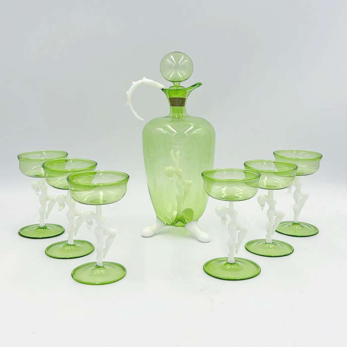 Art Deco Bimini Lauscha Dancer Glass Decanter Set Austria 1920