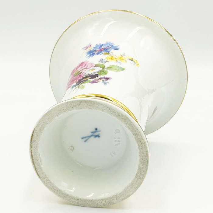 Meissen Double Trumpet Vase Hand Painted Flowers 20th