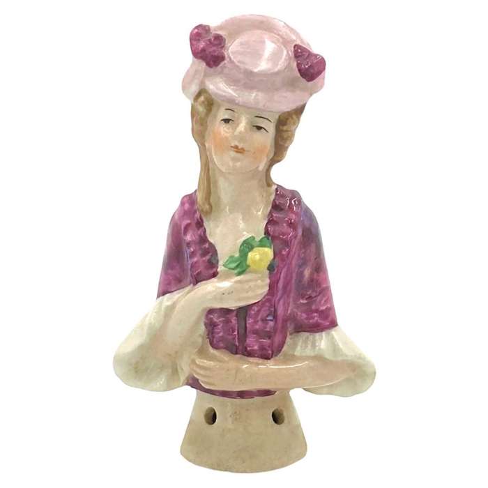Porcelain Glazed 20th Century Half Doll Holding Yellow Flower