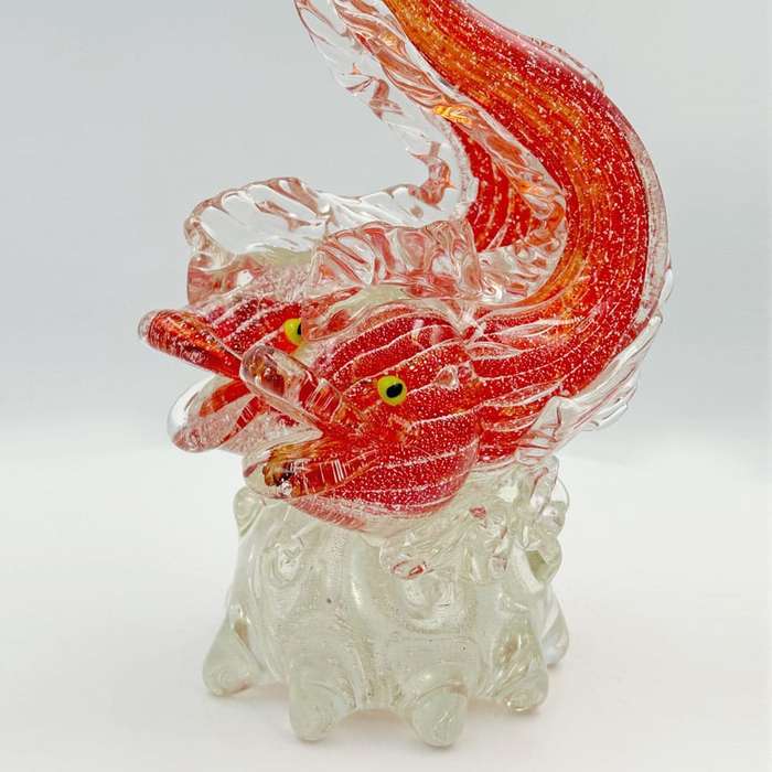 Murano Red With Silver Pair Fish Riding The Crest Of A Wave 20th