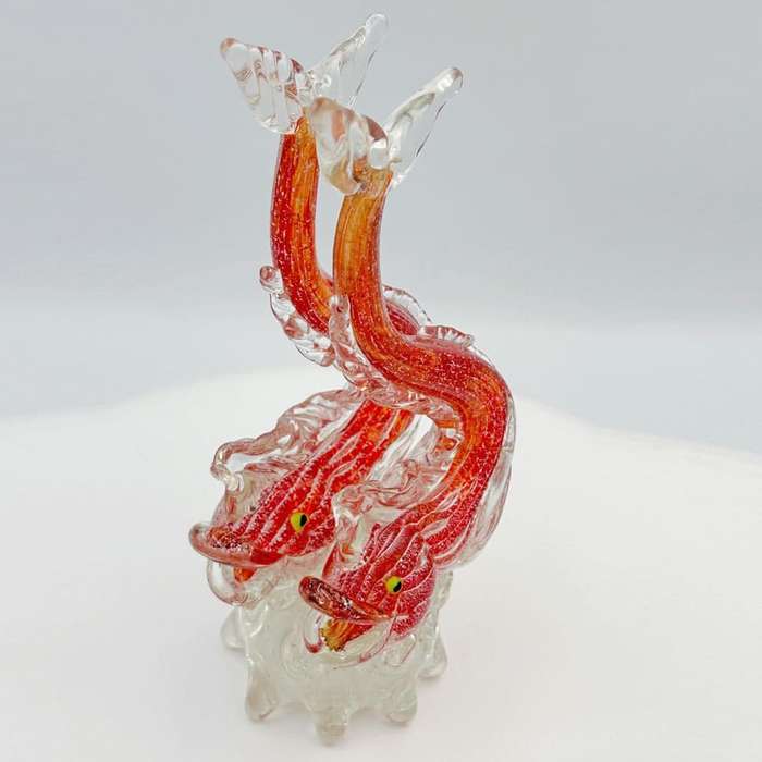 Murano Red With Silver Pair Fish Riding The Crest Of A Wave 20th