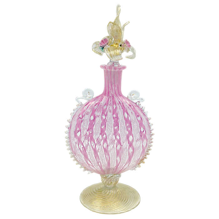 Murano Venetian Pink and White Zanfirico Latticino Perfume Bottle C1920
