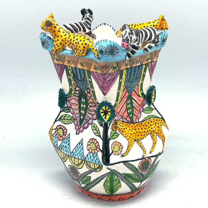 Ardmore Hand Painted Cheetah and Zebra Vase Vusi 1994