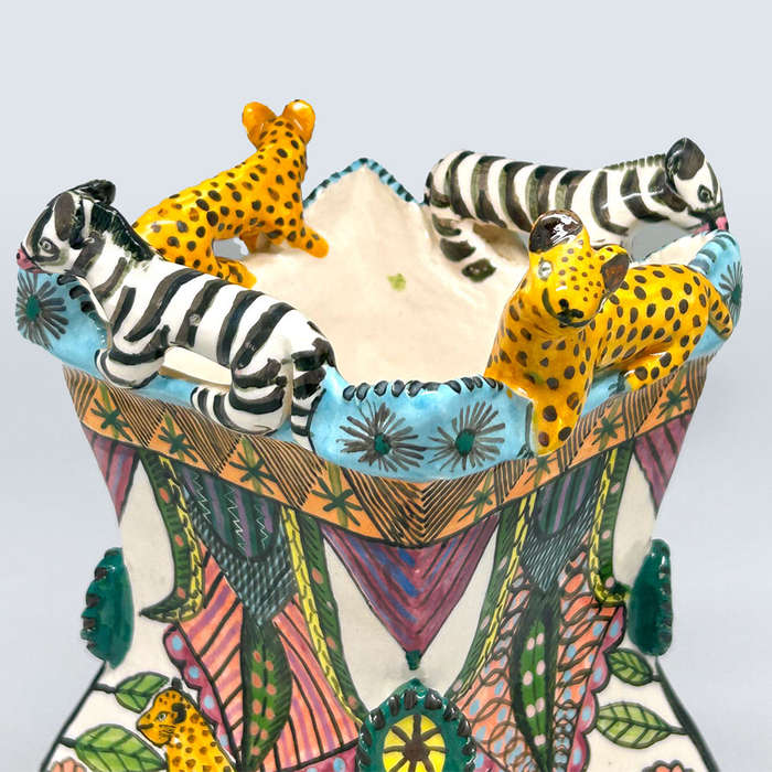 Ardmore Hand Painted Cheetah and Zebra Vase Vusi 1994