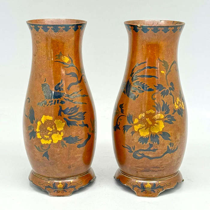 Pair Chinese Bronze Vases With Gold and Silver Overlay 19th