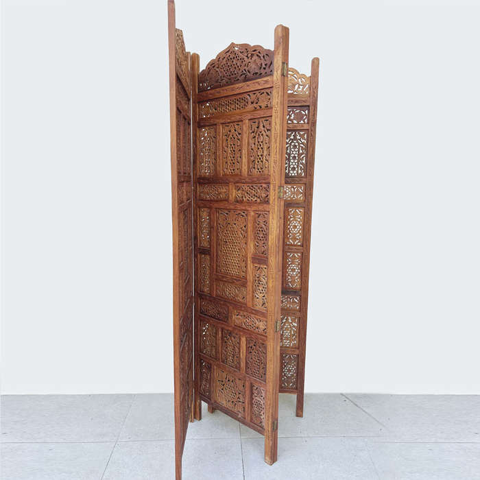 Mid-Century 4 Panels Teak Room Divider Fine Asian Carved