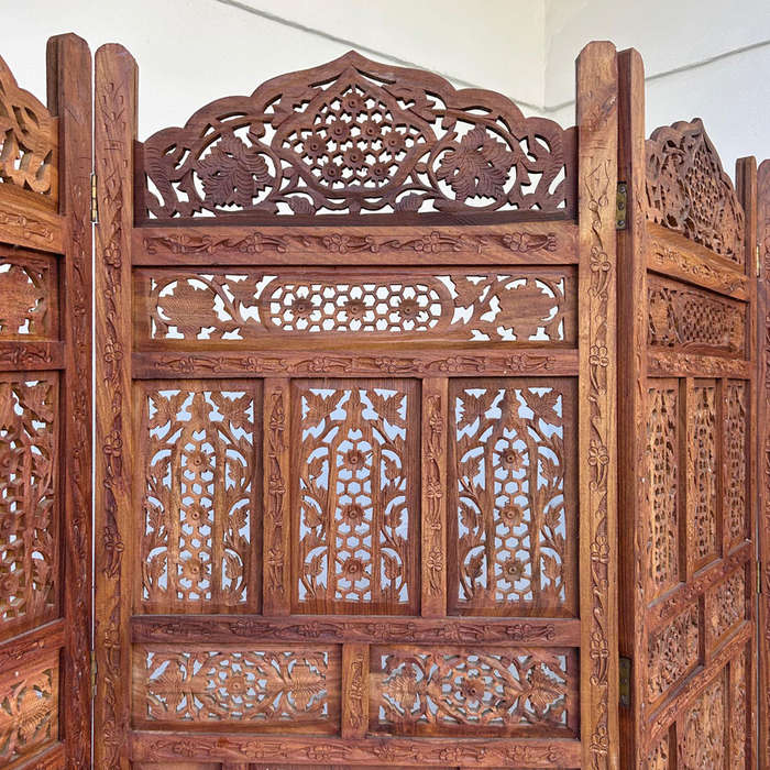 Mid-Century 4 Panels Teak Room Divider Fine Asian Carved