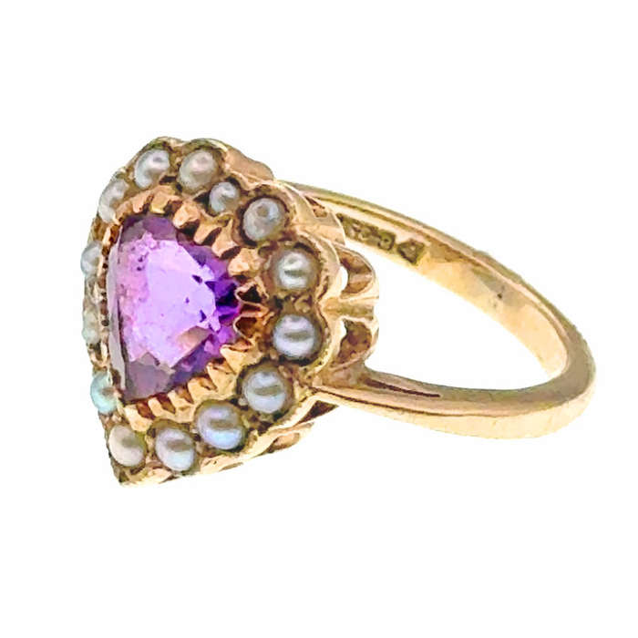 9ct Victorian Amethyst And Seed Pearl Heart Shaped Ring