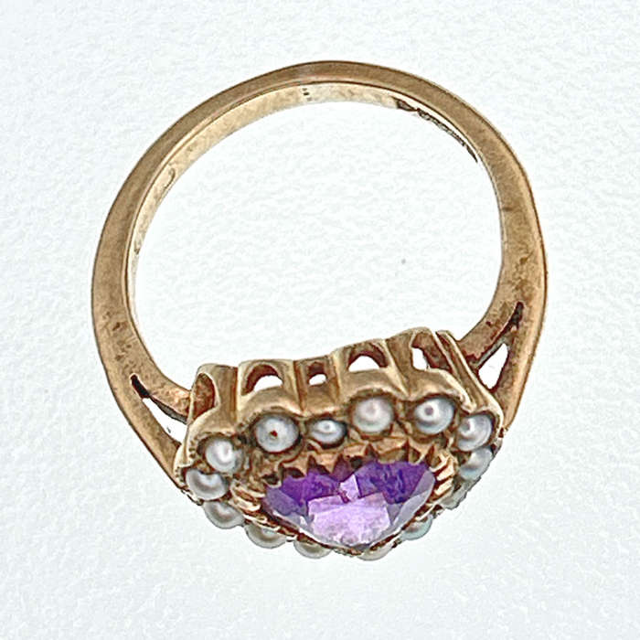 9ct Victorian Amethyst And Seed Pearl Heart Shaped Ring