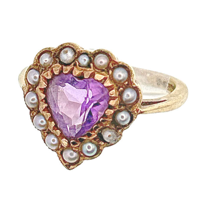 9ct Victorian Amethyst And Seed Pearl Heart Shaped Ring