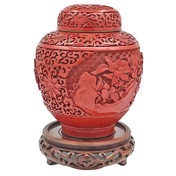 Chinese 20th Century Cinnabar Ginger Jar and Cover