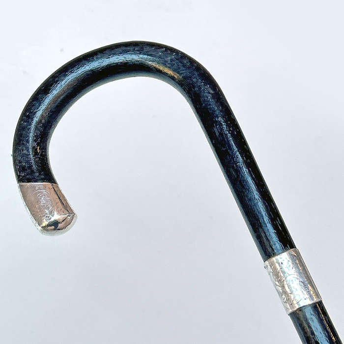 Crook Handled Wood And Silver Mounted Walking Stick Birmingham 1911