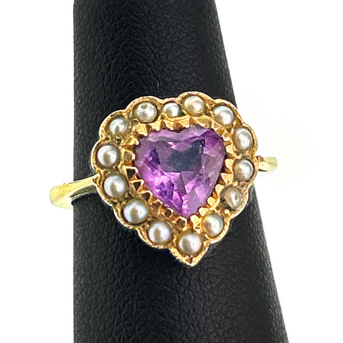 9ct Victorian Amethyst And Seed Pearl Heart Shaped Ring