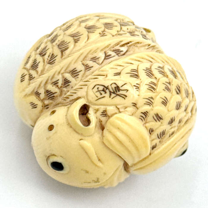 Japanese Ivorine  Netsuke Carp Signed 19th