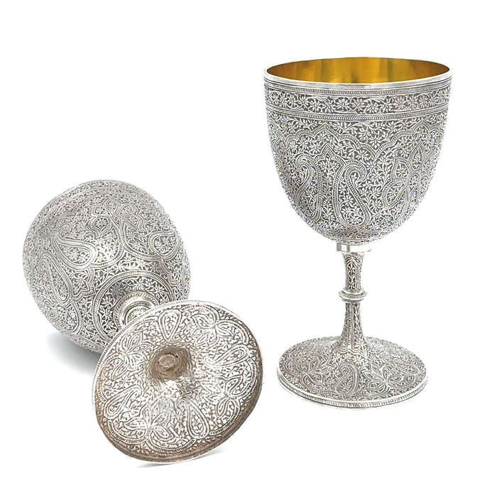 Pair Indian Silver Kashmir Engraved Goblets Parcel Gilt Interior C1870