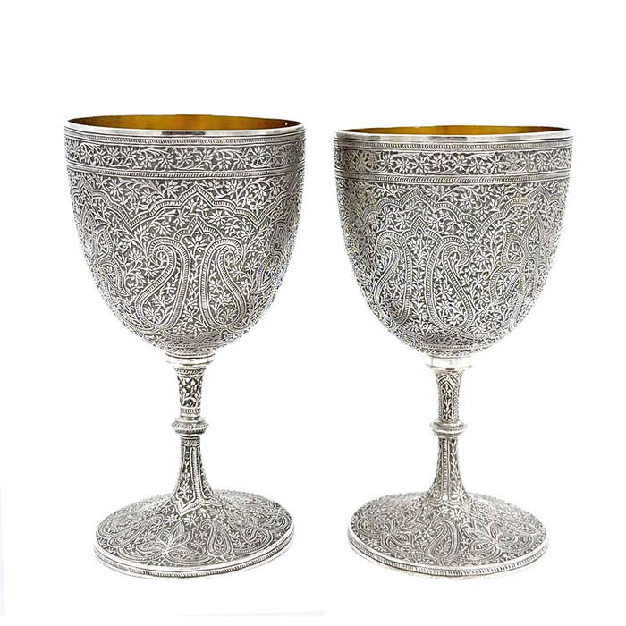 Pair Indian Silver Kashmir Engraved Goblets Parcel Gilt Interior C1870