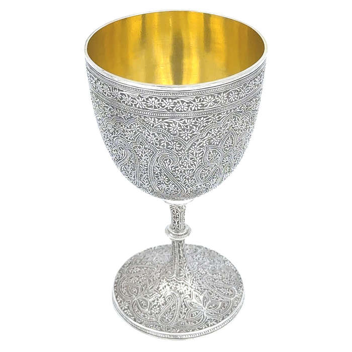Pair Indian Silver Kashmir Engraved Goblets Parcel Gilt Interior C1870