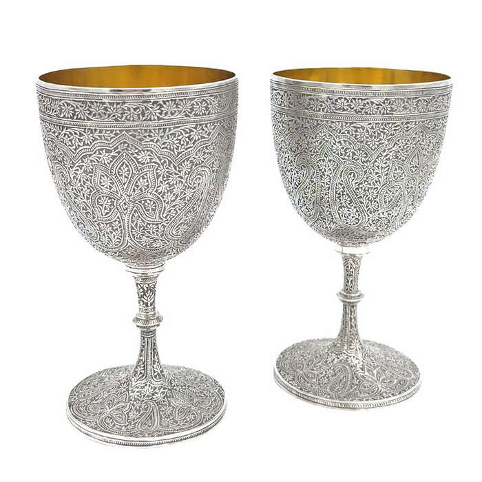 Pair Indian Silver Kashmir Engraved Goblets Parcel Gilt Interior C1870