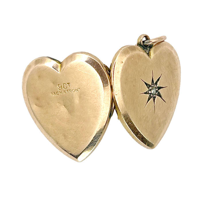 Edwardian 9Ct Gold Large Heart Locket With Star Burst Set Diamond